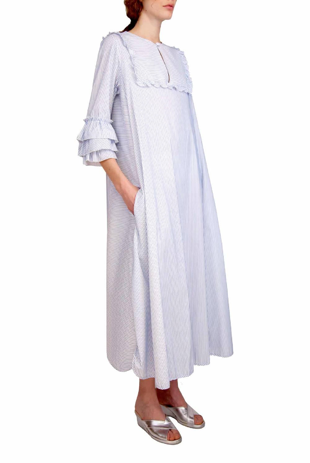 Luisa Beccaria Abito Caftano A Righe Blu / Bianche