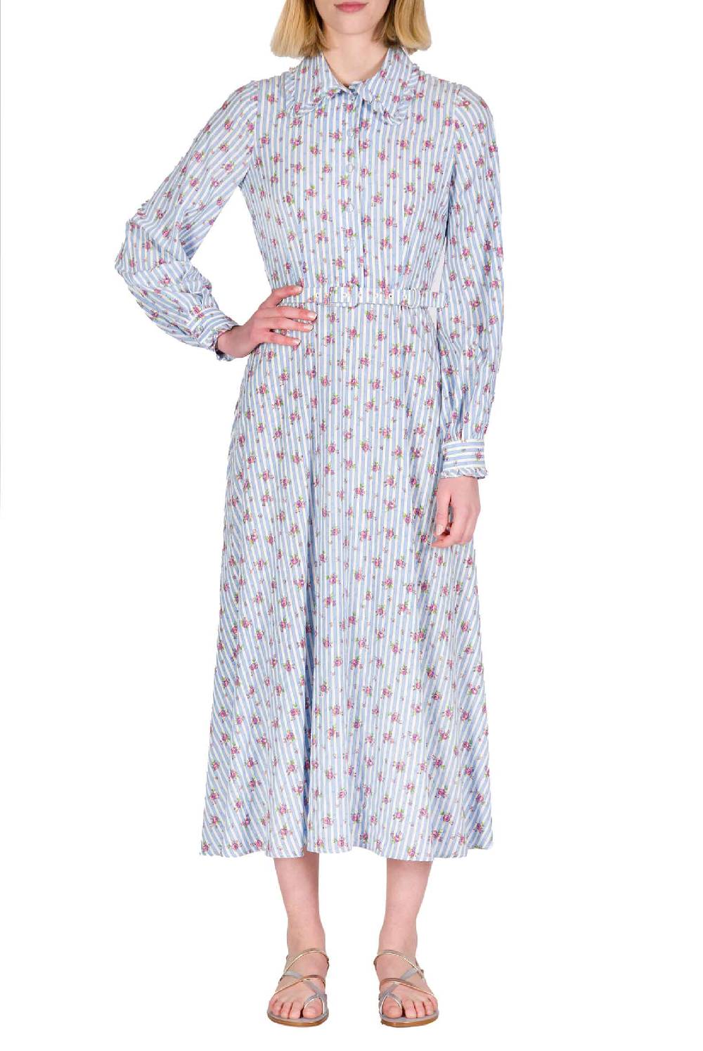 Luisa Beccaria Abito Chemisier Con Rose A Righe