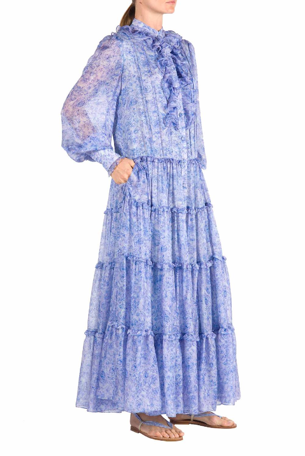 Luisa Beccaria Abito Chemisier In Chiffon Con Rose