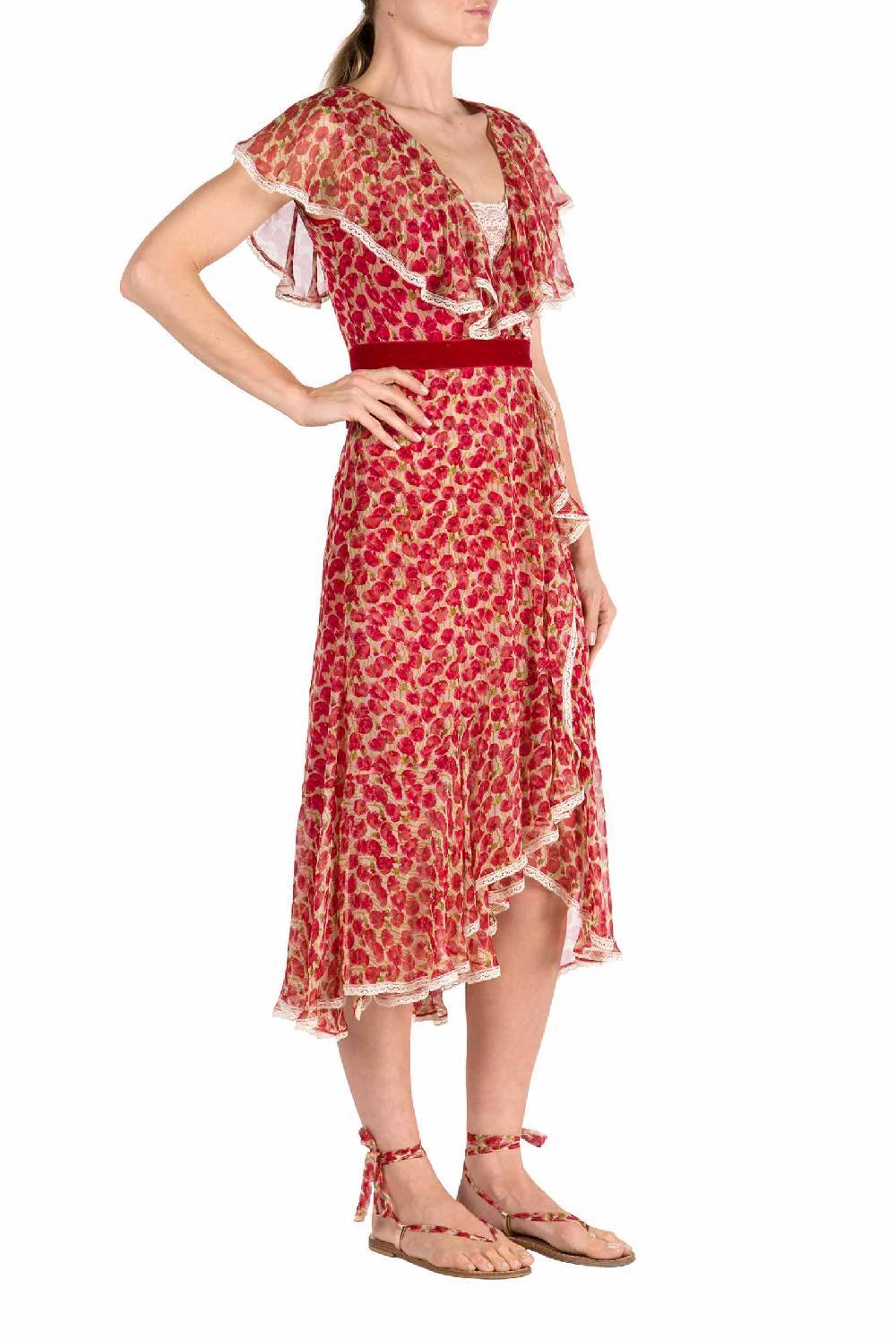 Luisa Beccaria Abito In Chiffon Con Micro Papaveri