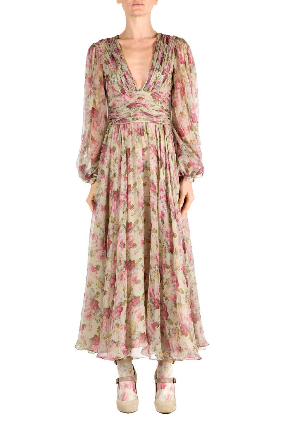 Luisa Beccaria Abito In Chiffon Con Rose Stampate