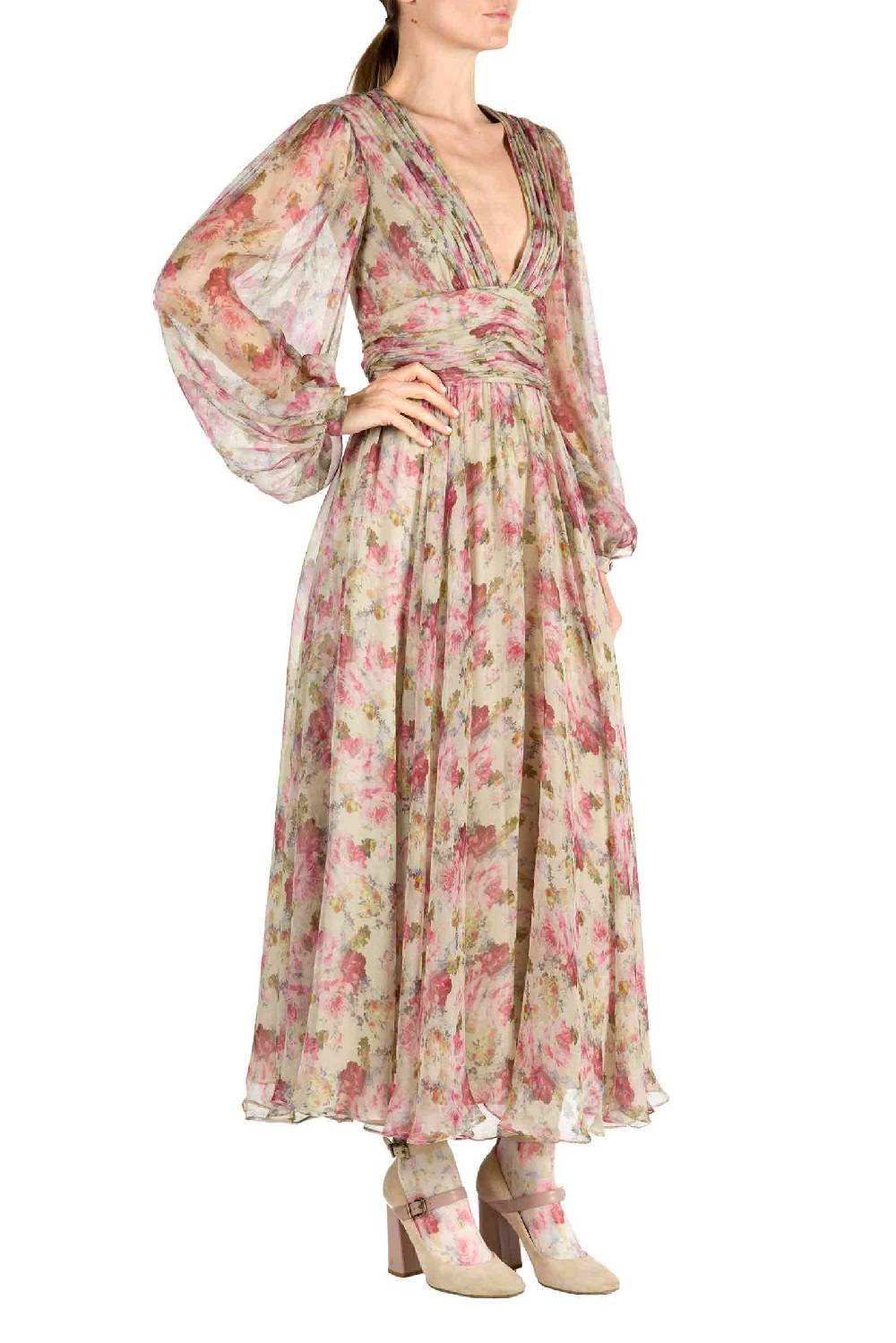 Luisa Beccaria Abito In Chiffon Con Rose Stampate