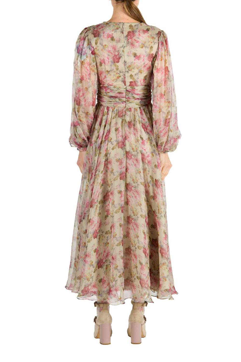 Luisa Beccaria Abito In Chiffon Con Rose Stampate