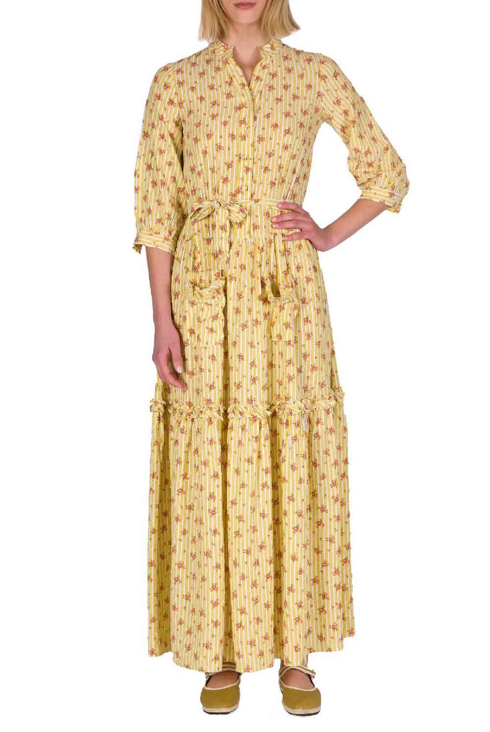 Luisa Beccaria Abito In Cotone Con Rose A Righe