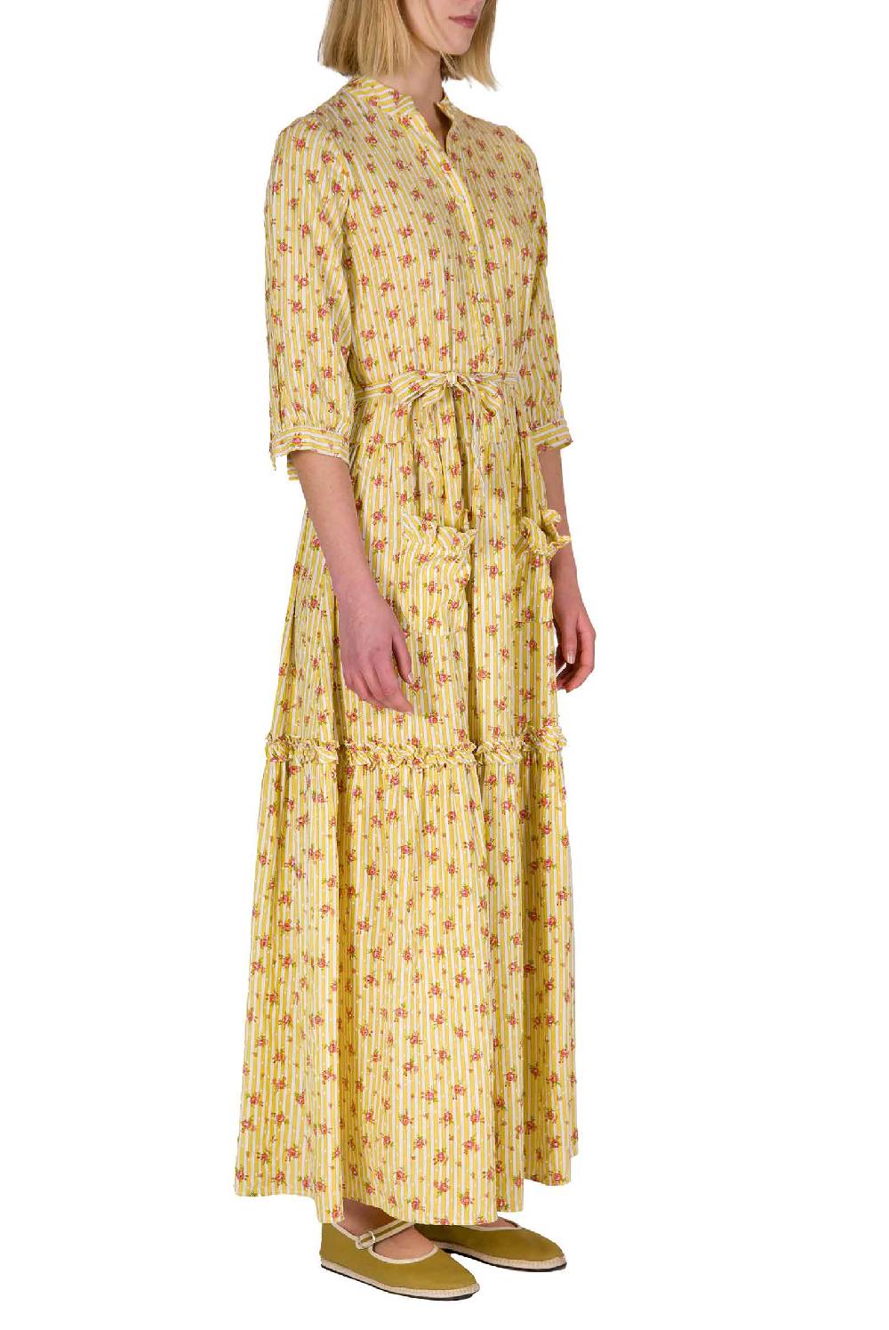 Luisa Beccaria Abito In Cotone Con Rose A Righe