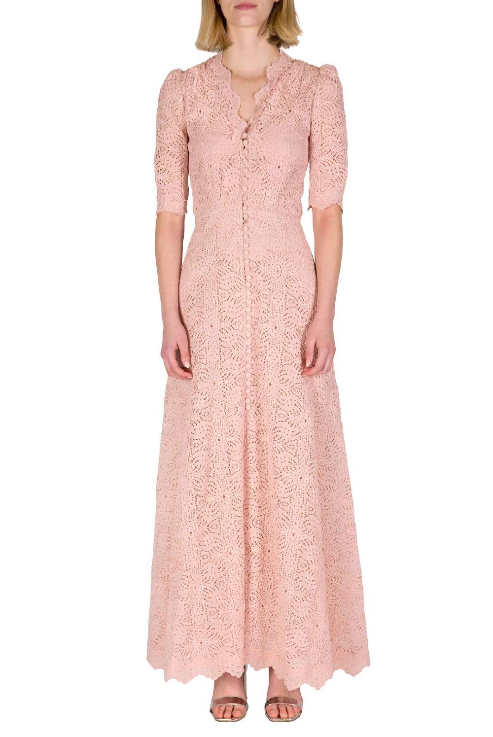 Luisa Beccaria Abito Lungo In Pizzo Rosa Antico