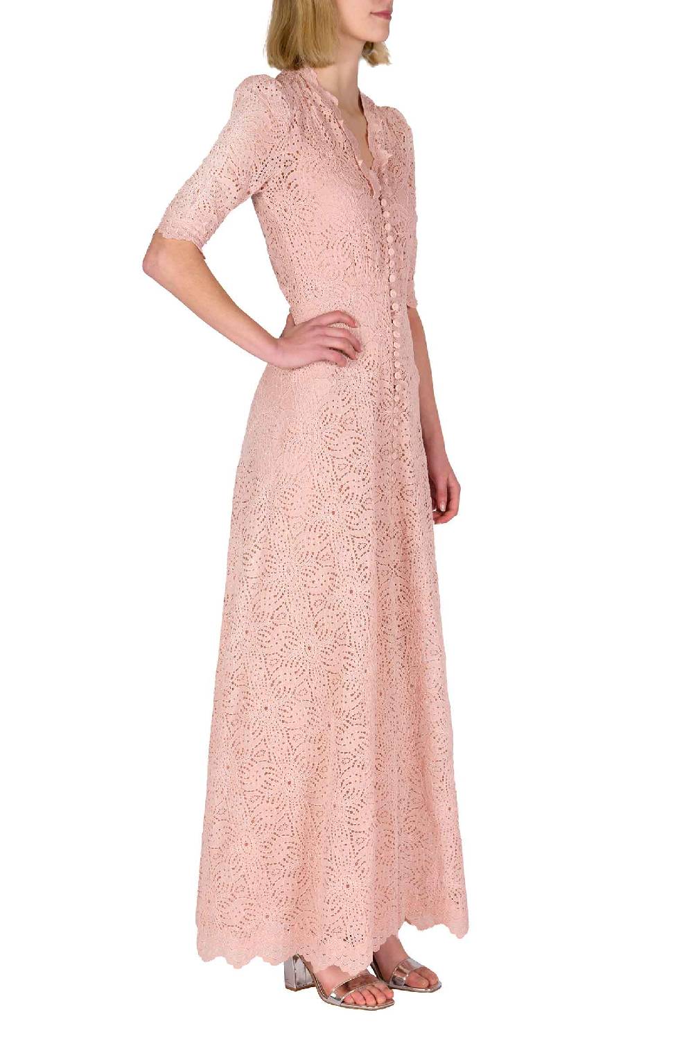 Luisa Beccaria Abito Lungo In Pizzo Rosa Antico
