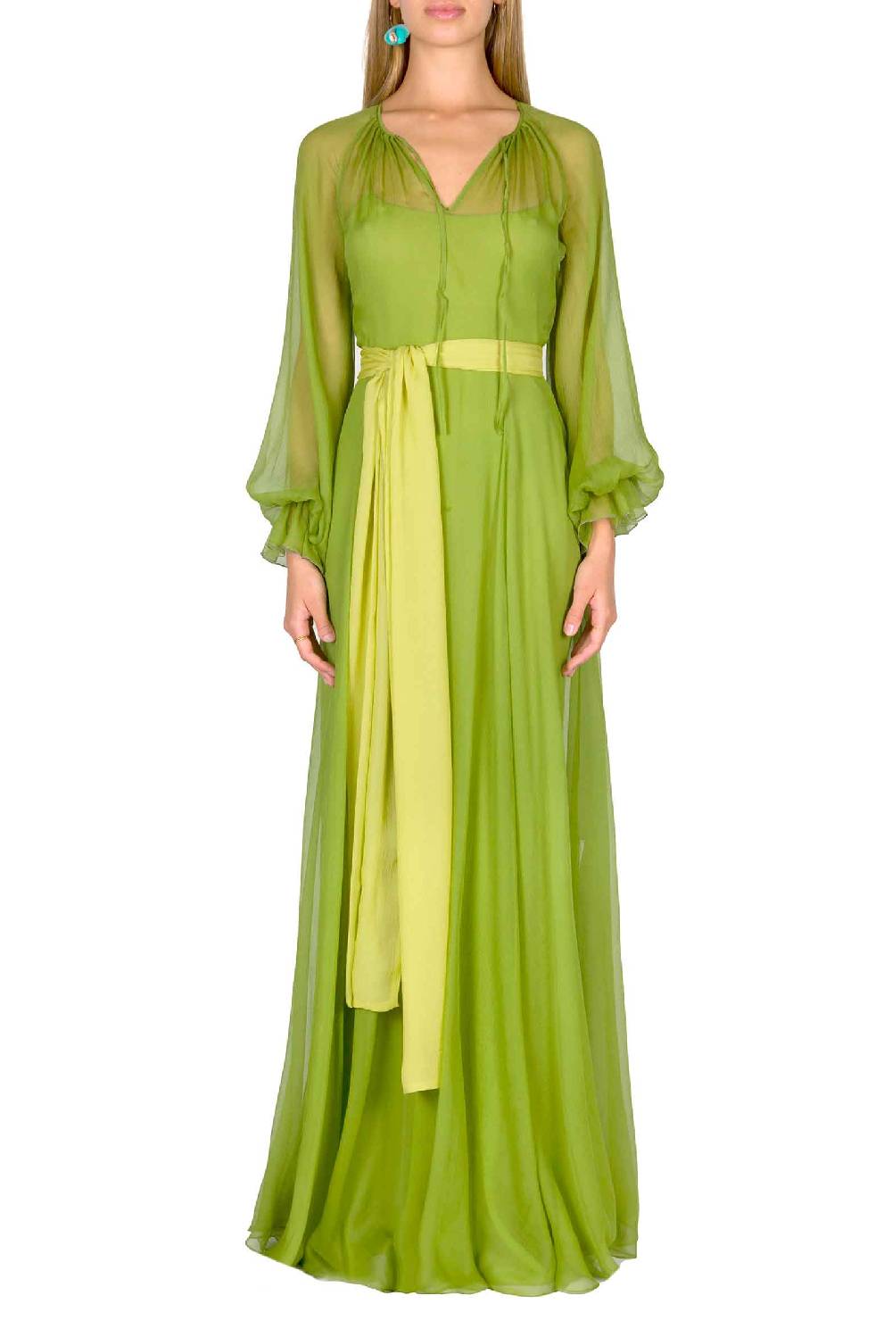 Luisa Beccaria Maxi Abito In Chiffon Verde Lime