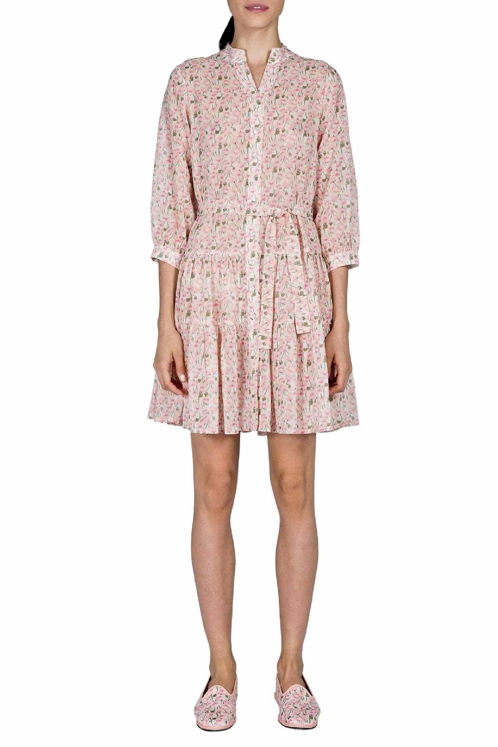 Luisa Beccaria Mini Abito Rosa Papaveri In Cotone