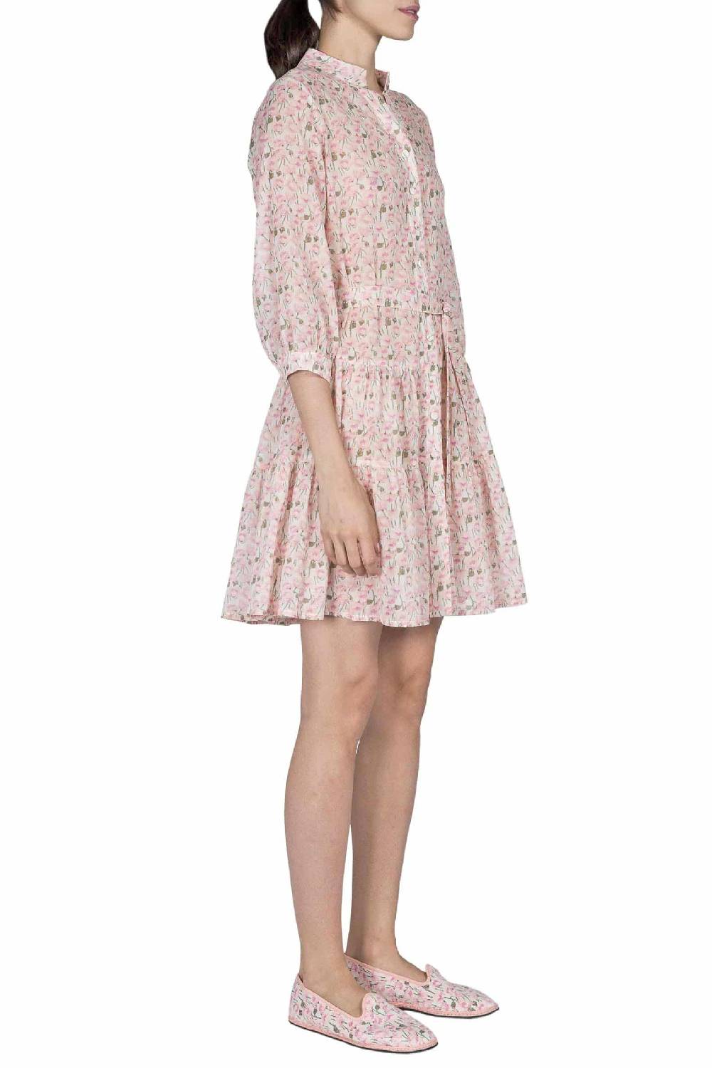 Luisa Beccaria Mini Abito Rosa Papaveri In Cotone