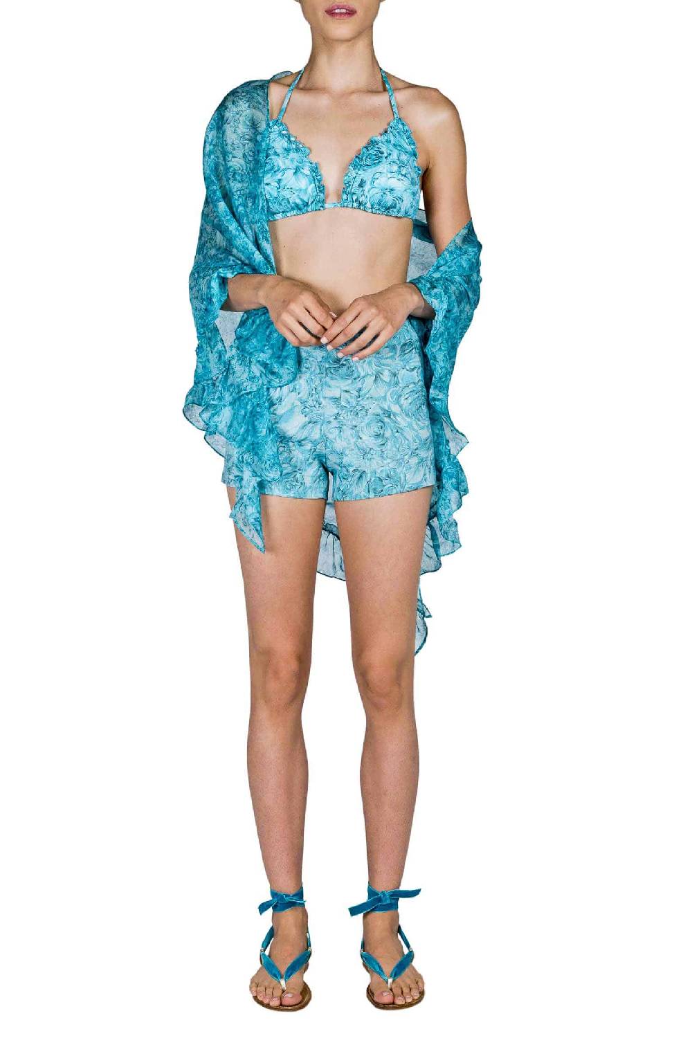 Luisa Beccaria Scialle Stampato Con Rose Turchesi