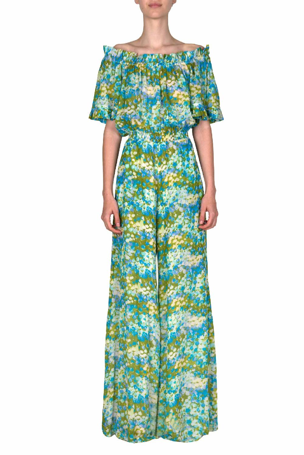 Luisa Beccaria Tuta Blu Monet Con Spalle Scoperte