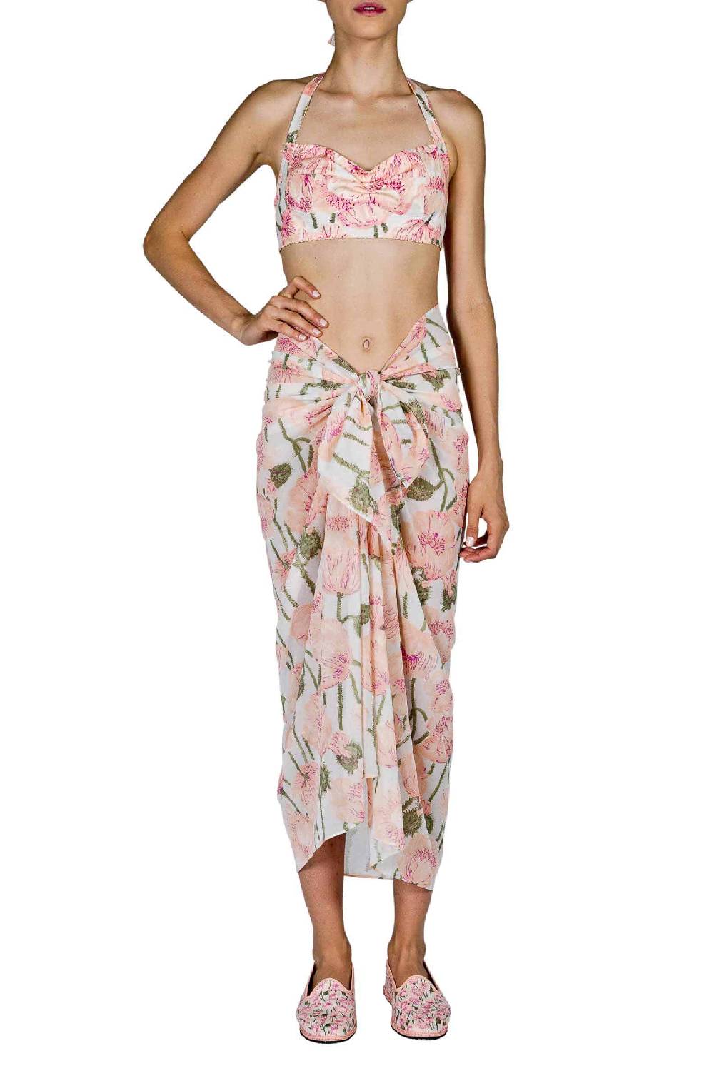 Luisa Beccaria Macro Rosa Papaveri Stampato Lungo Pareo