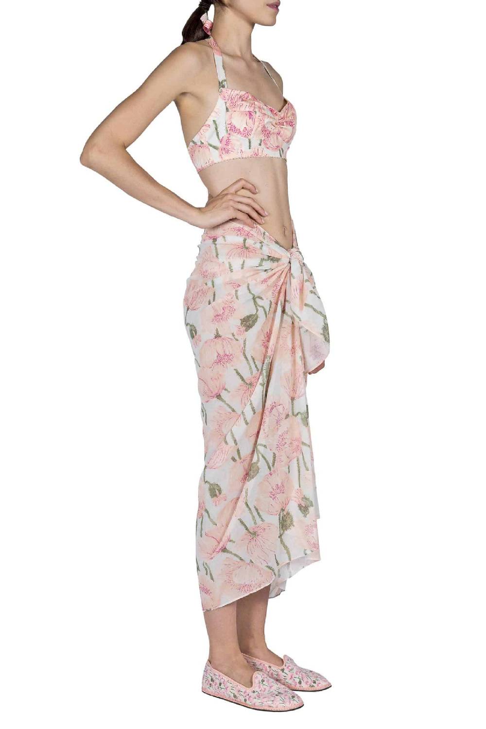 Luisa Beccaria Macro Rosa Papaveri Stampato Lungo Pareo