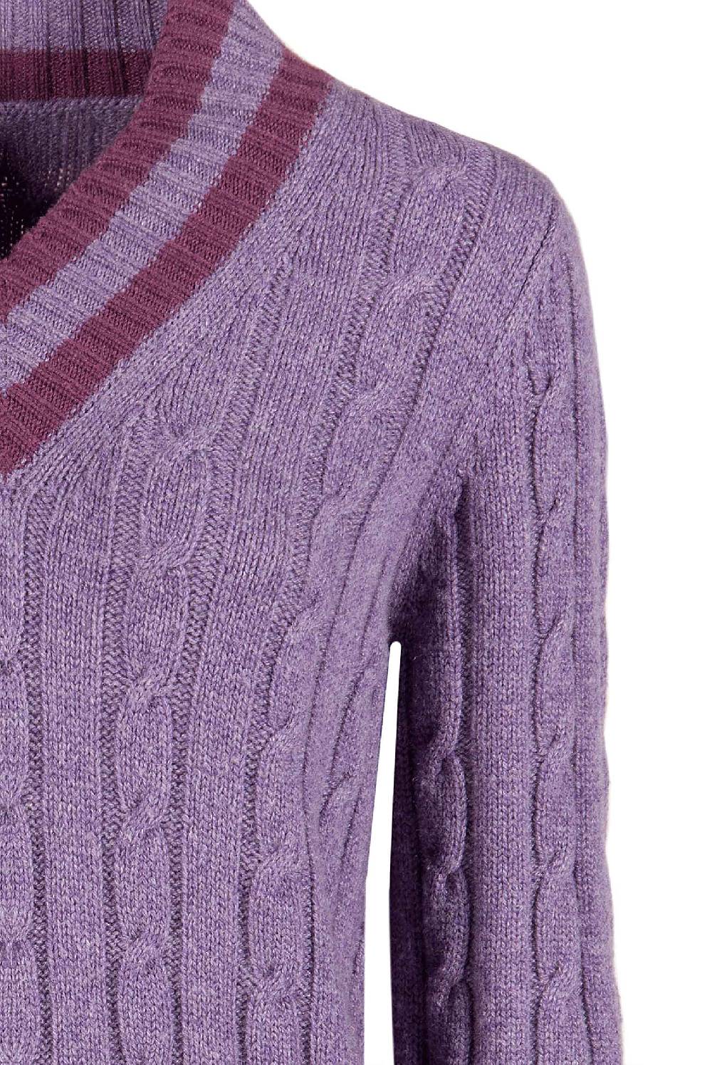 Luisa Beccaria Maglia Viola In Cashmere A Trecce Con Scollo A V
