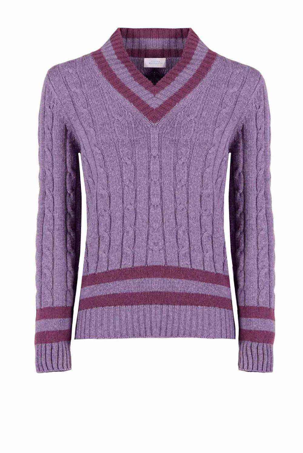 Luisa Beccaria Maglia viola in cashmere a trecce con scollo a V