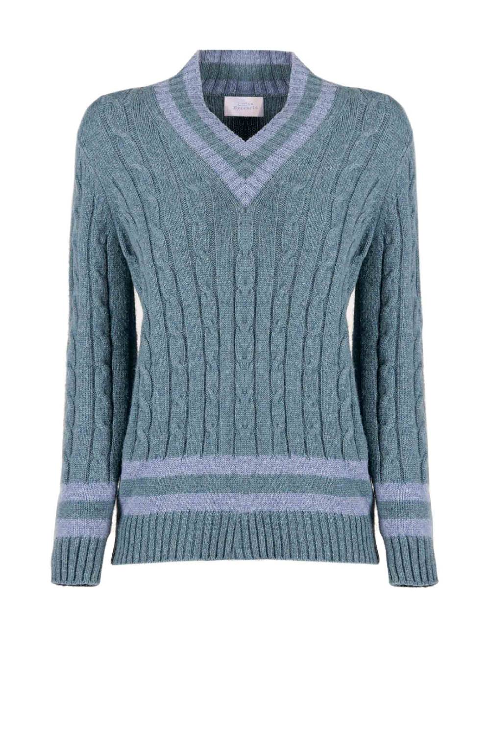 Luisa Beccaria Maglione scollo a V in cashmere a trecce petrolio