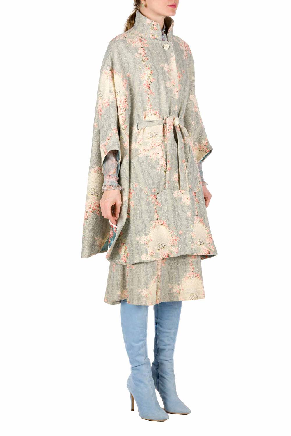 Luisa Beccaria Mantella Cerchio Di Rose Stampata In Lana Con Lurex