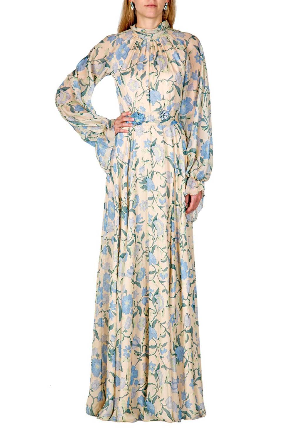 Luisa Beccaria Maxi Abito In Chiffon Di Seta Con Fiori Di Campo