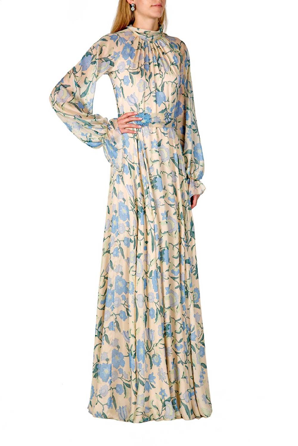 Luisa Beccaria Maxi Abito In Chiffon Di Seta Con Fiori Di Campo