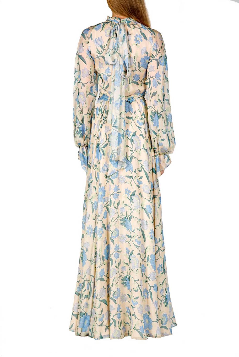 Luisa Beccaria Maxi Abito In Chiffon Di Seta Con Fiori Di Campo