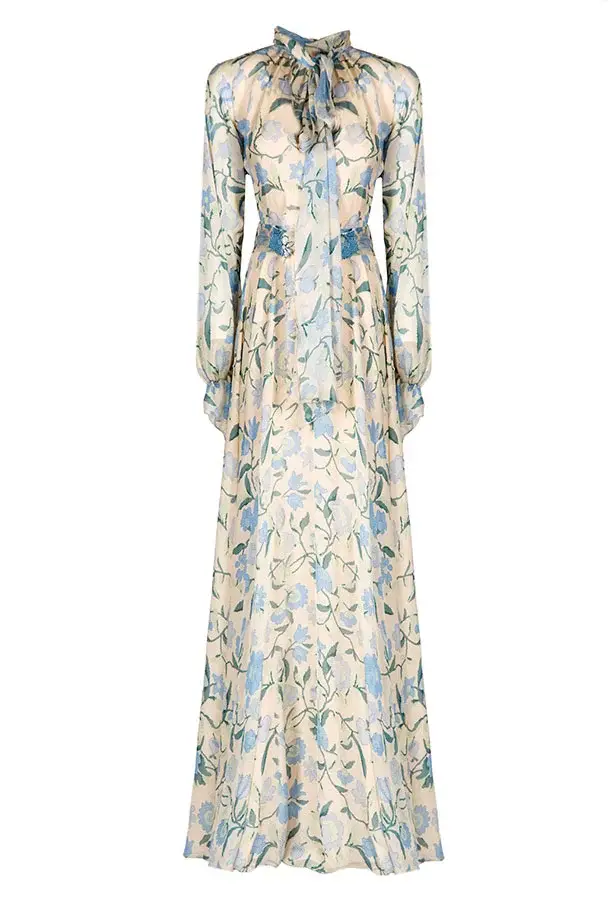 Luisa Beccaria Maxi abito in chiffon di seta con fiori di campo