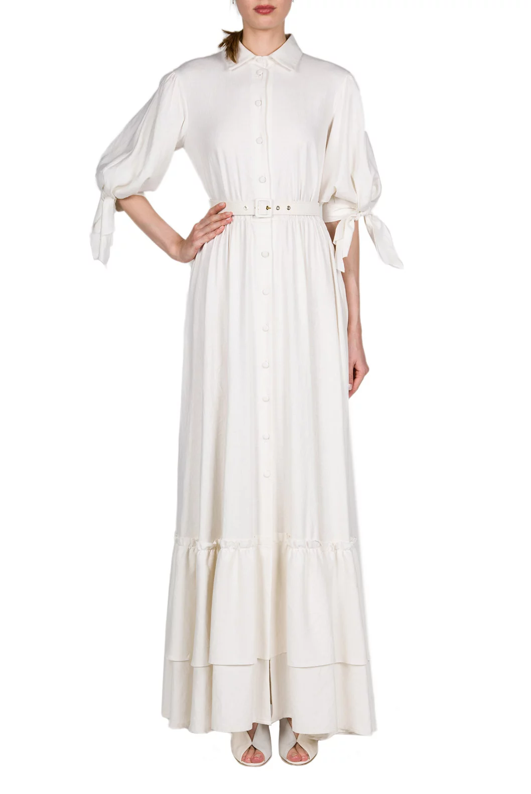 Luisa Beccaria Maxi Abito In Misto Lino Con Maniche A Cravatta