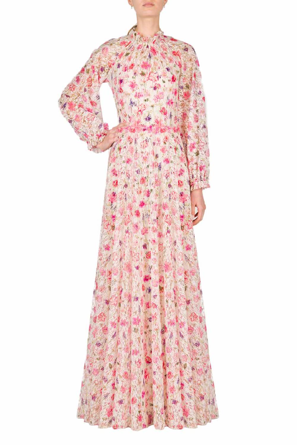 Luisa Beccaria Maxi Abito In Pizzo Con Collo A Lupetto Stampato Floreale