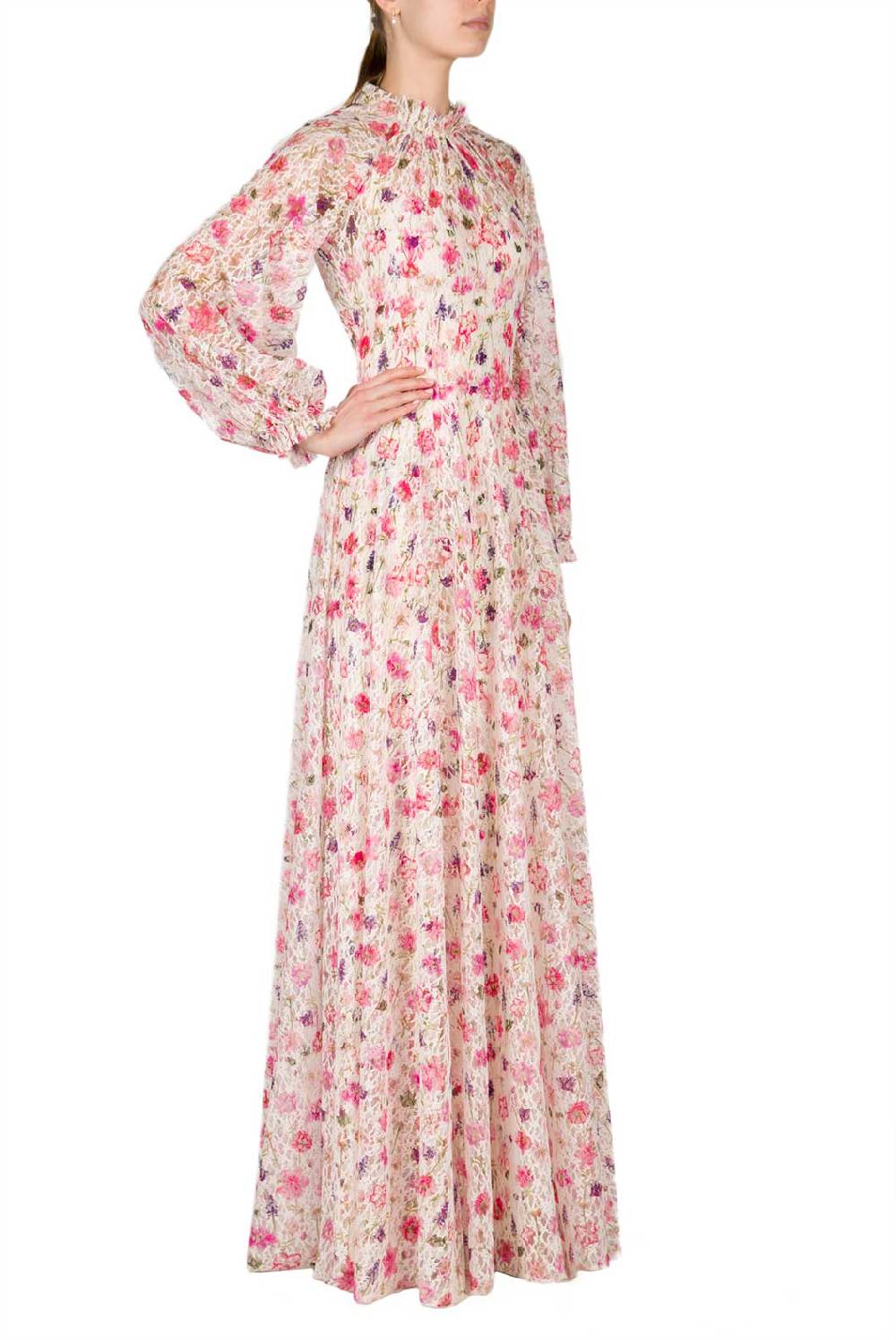 Luisa Beccaria Maxi Abito In Pizzo Con Collo A Lupetto Stampato Floreale