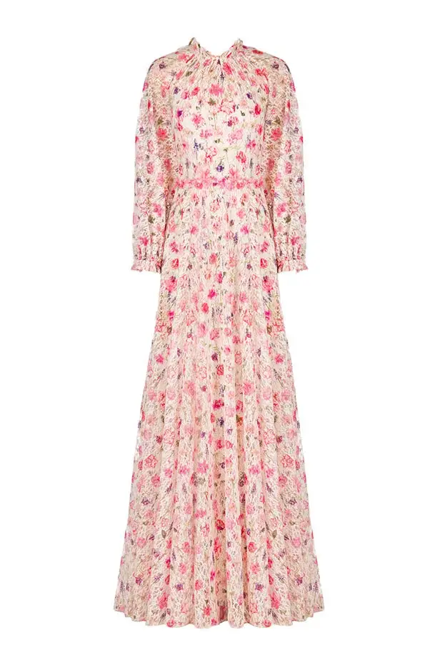 Luisa Beccaria Maxi abito in pizzo con collo a lupetto stampato floreale