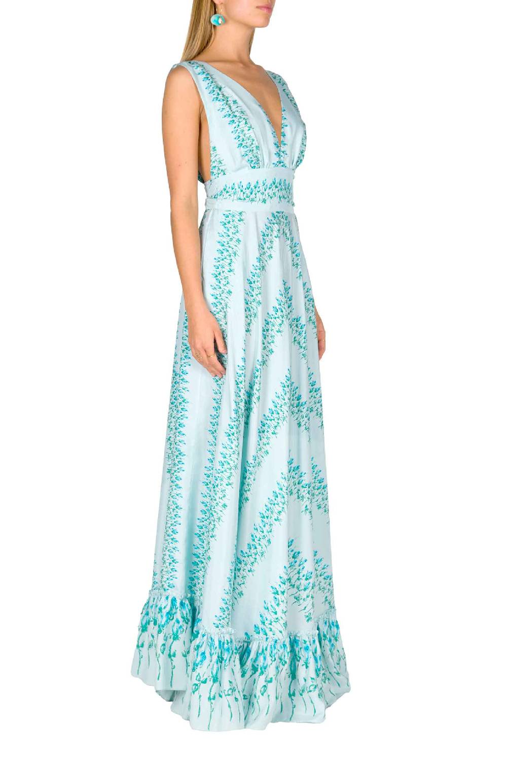 Luisa Beccaria Maxi Abito In Seta A Vita Impero A Righe Fiorite