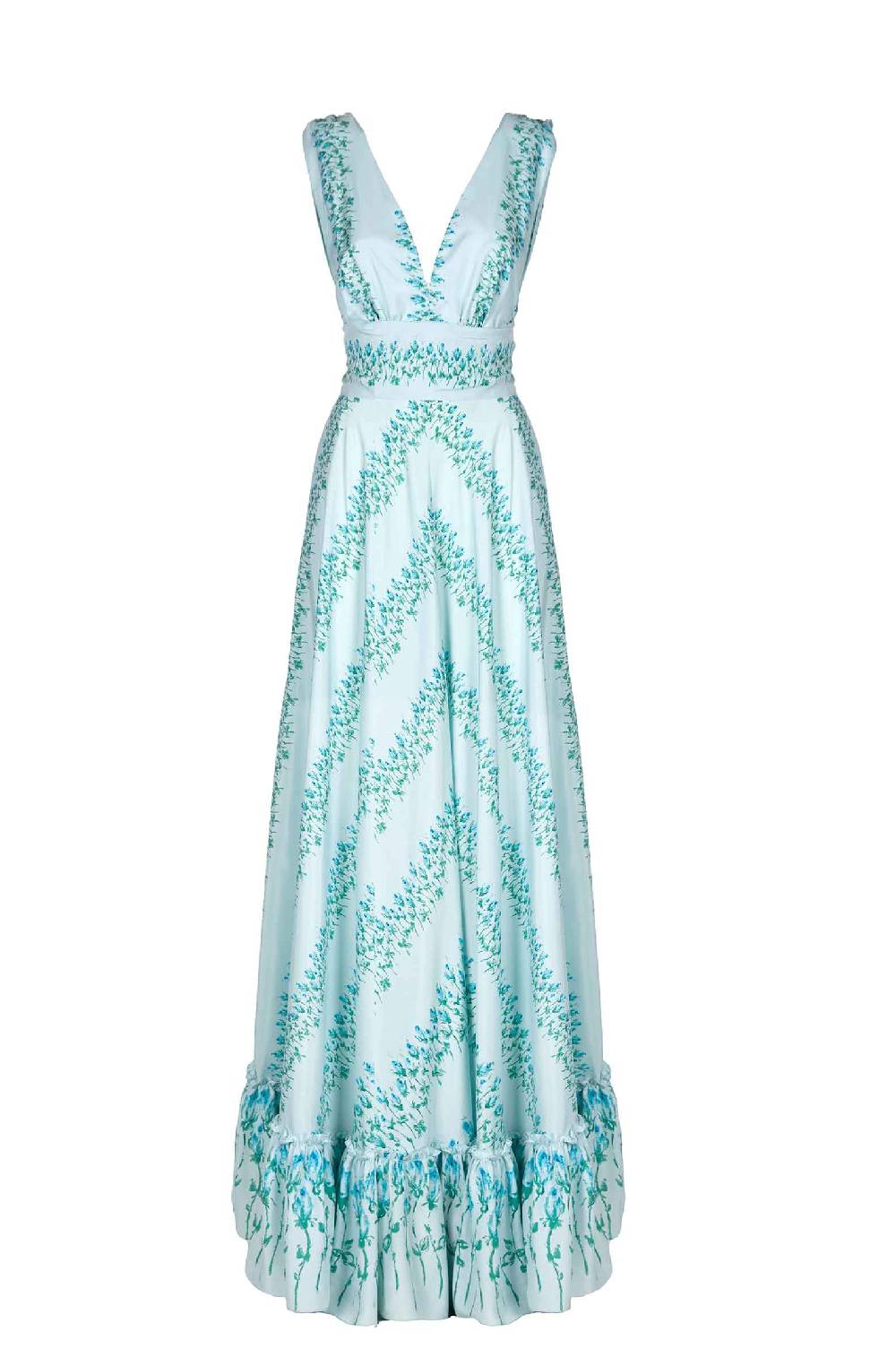 Luisa Beccaria Maxi abito in seta a vita impero a righe fiorite