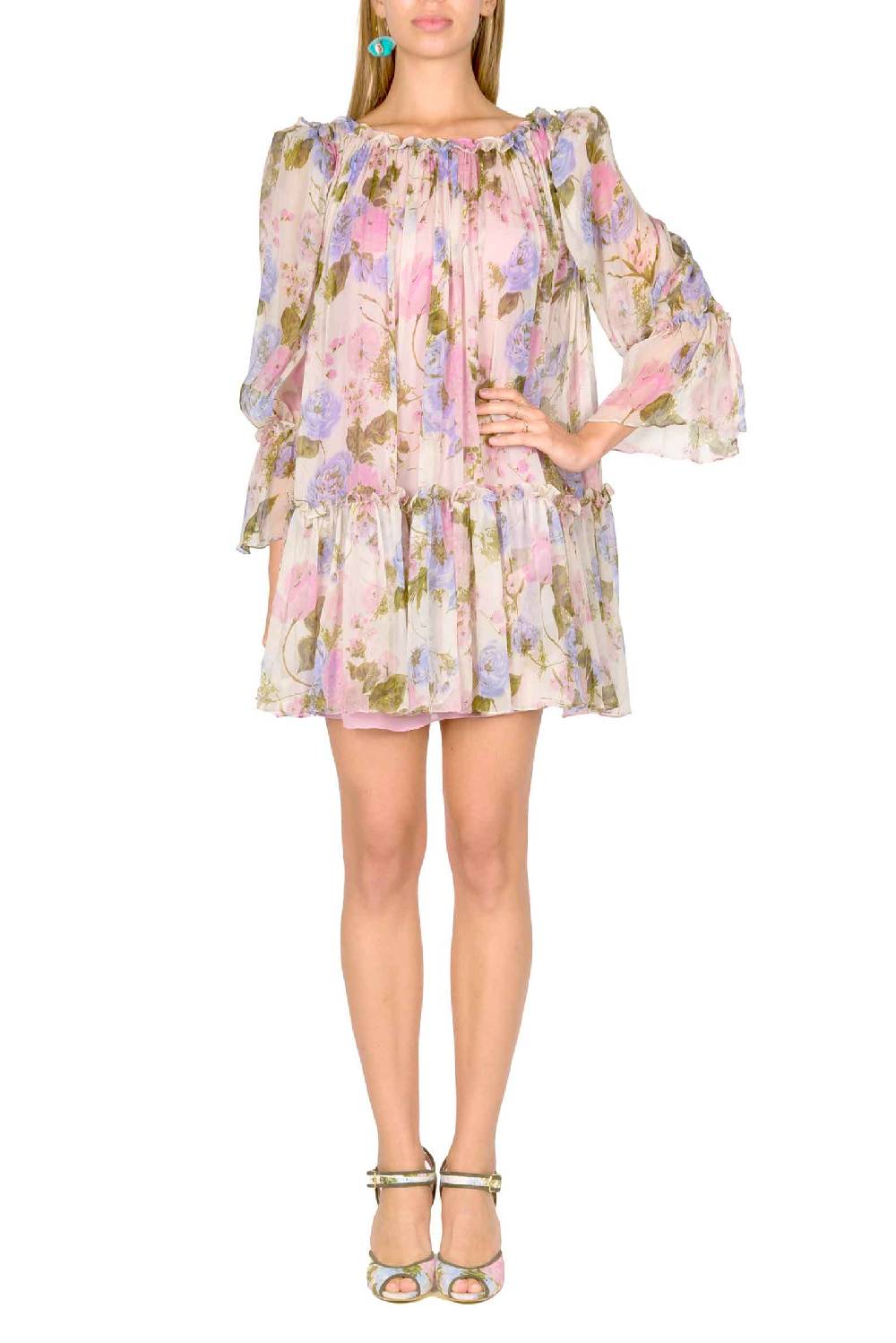 Luisa Beccaria Mini Abito In Chiffon Stampato Floreale Con Maniche A Palloncino