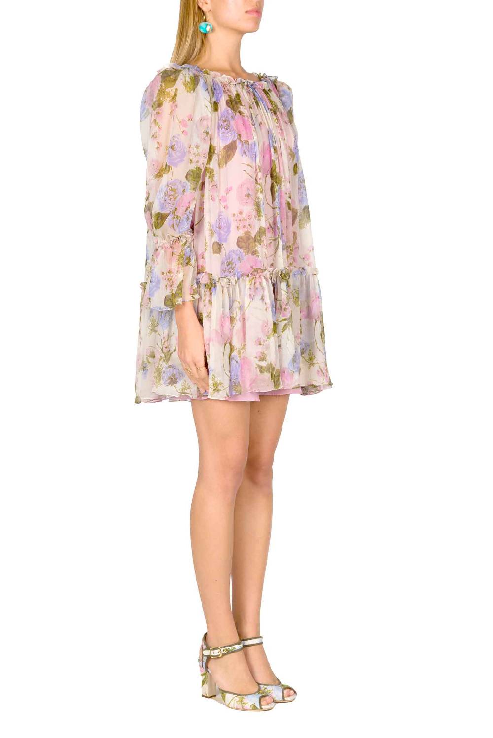 Luisa Beccaria Mini Abito In Chiffon Stampato Floreale Con Maniche A Palloncino