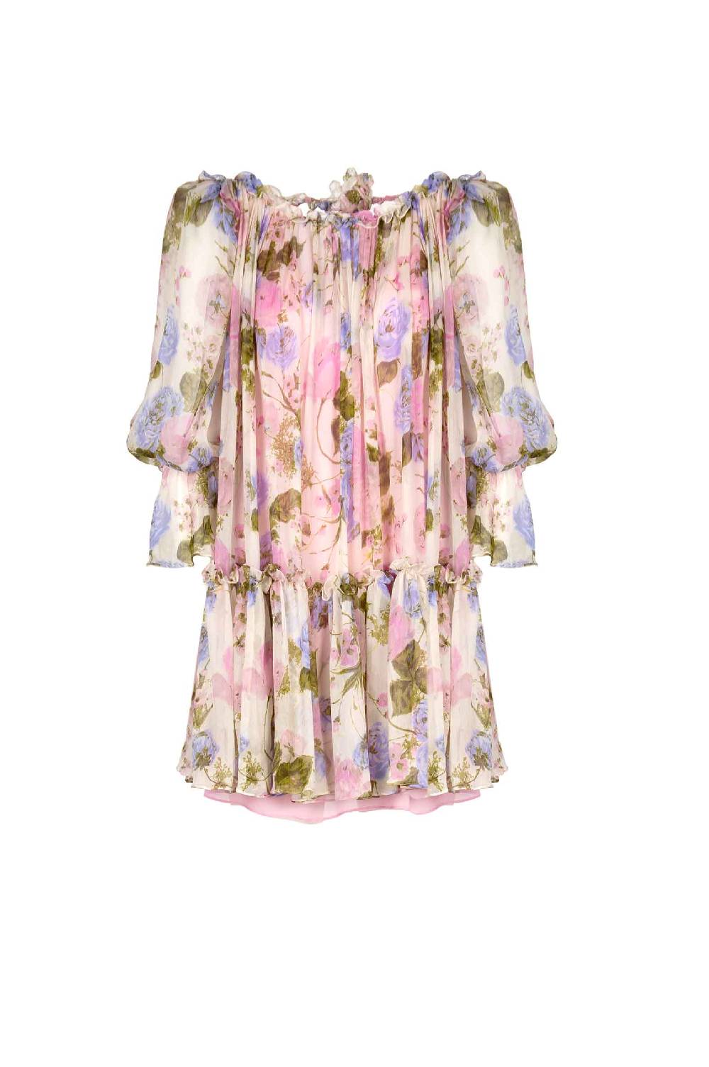 Luisa Beccaria Mini abito in chiffon stampato floreale con maniche a palloncino