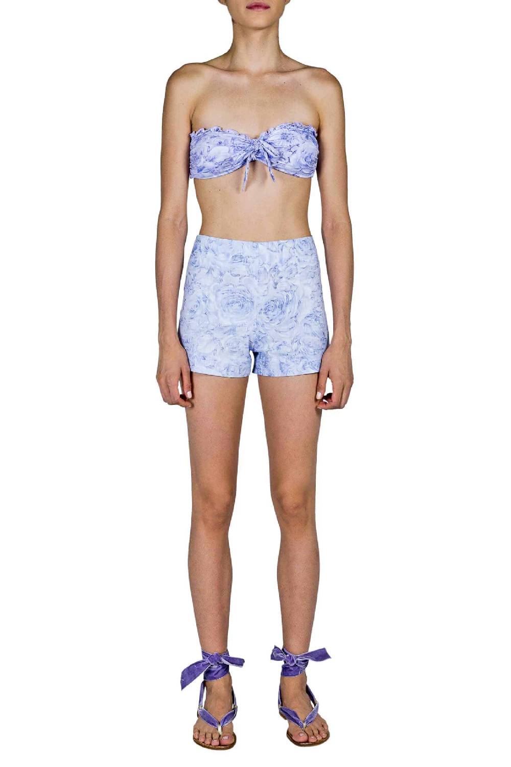 Luisa Beccaria Pantaloncini In Lino Con Stampa Rose Lilla