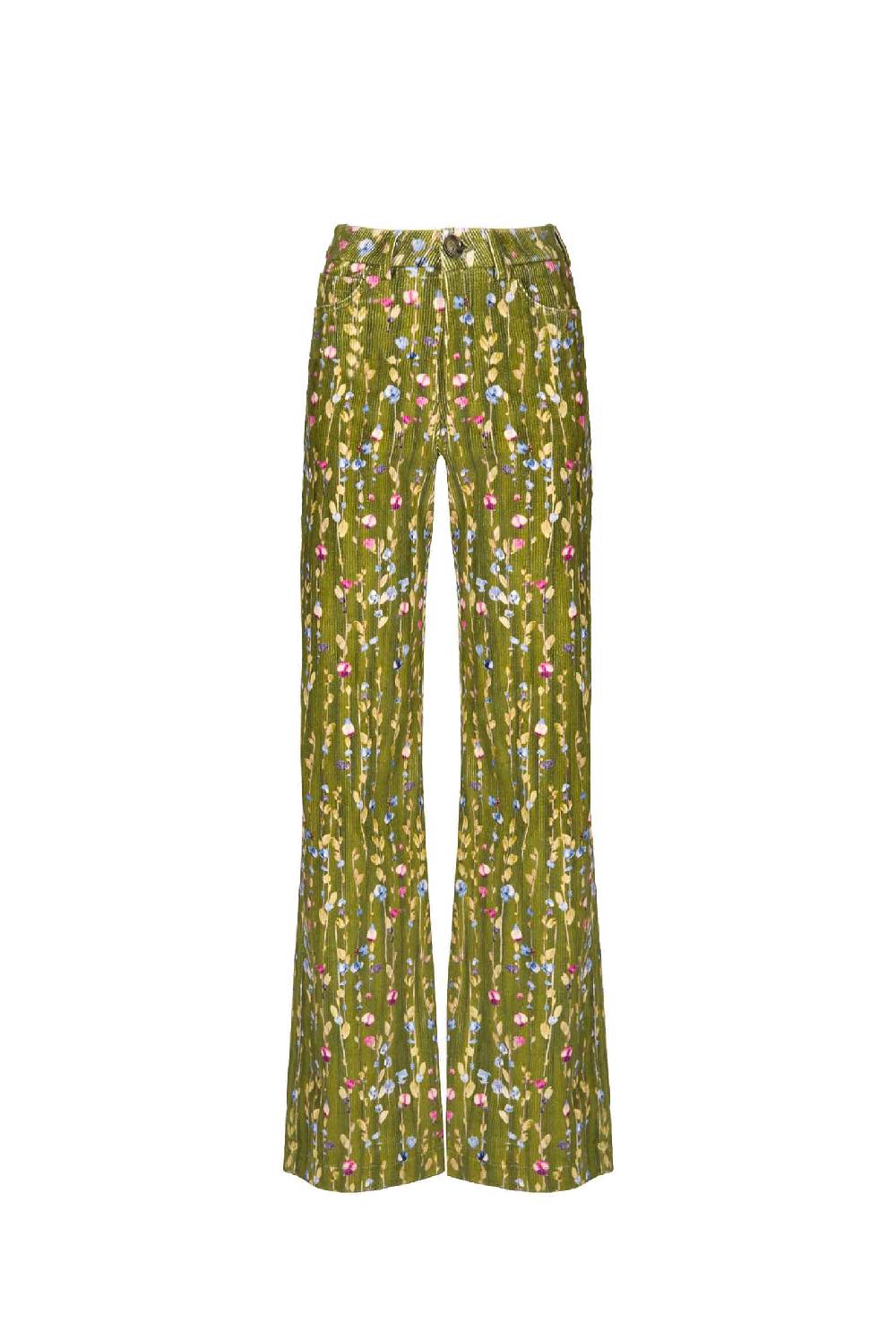 Luisa Beccaria Pantaloni palazzo in velluto a coste con ghirlanda di fiori