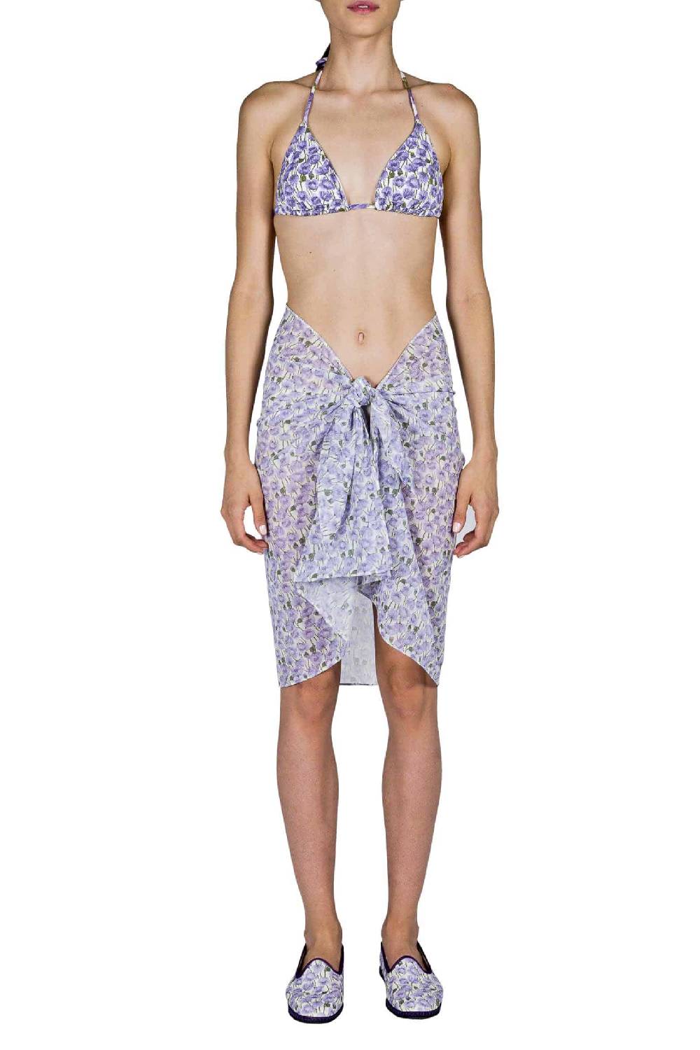 Luisa Beccaria Pareo Corto Con Stampa Micro Papaveri Lilla