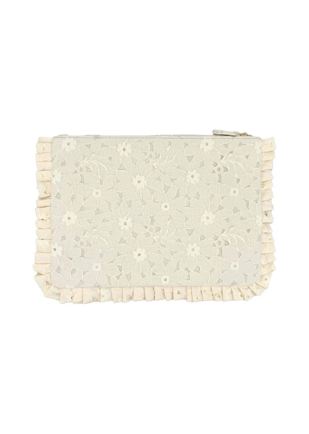 Luisa Beccaria Pochette Grande a Mano in Pizzo Floreale Crema