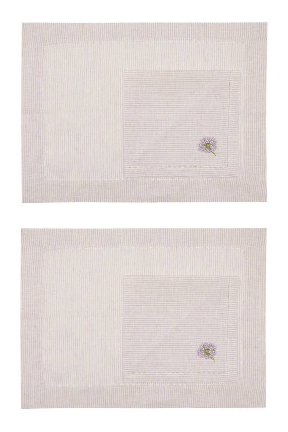 Luisa Beccaria Set a righe di due tovagliette e tovaglioli di lino ricamati