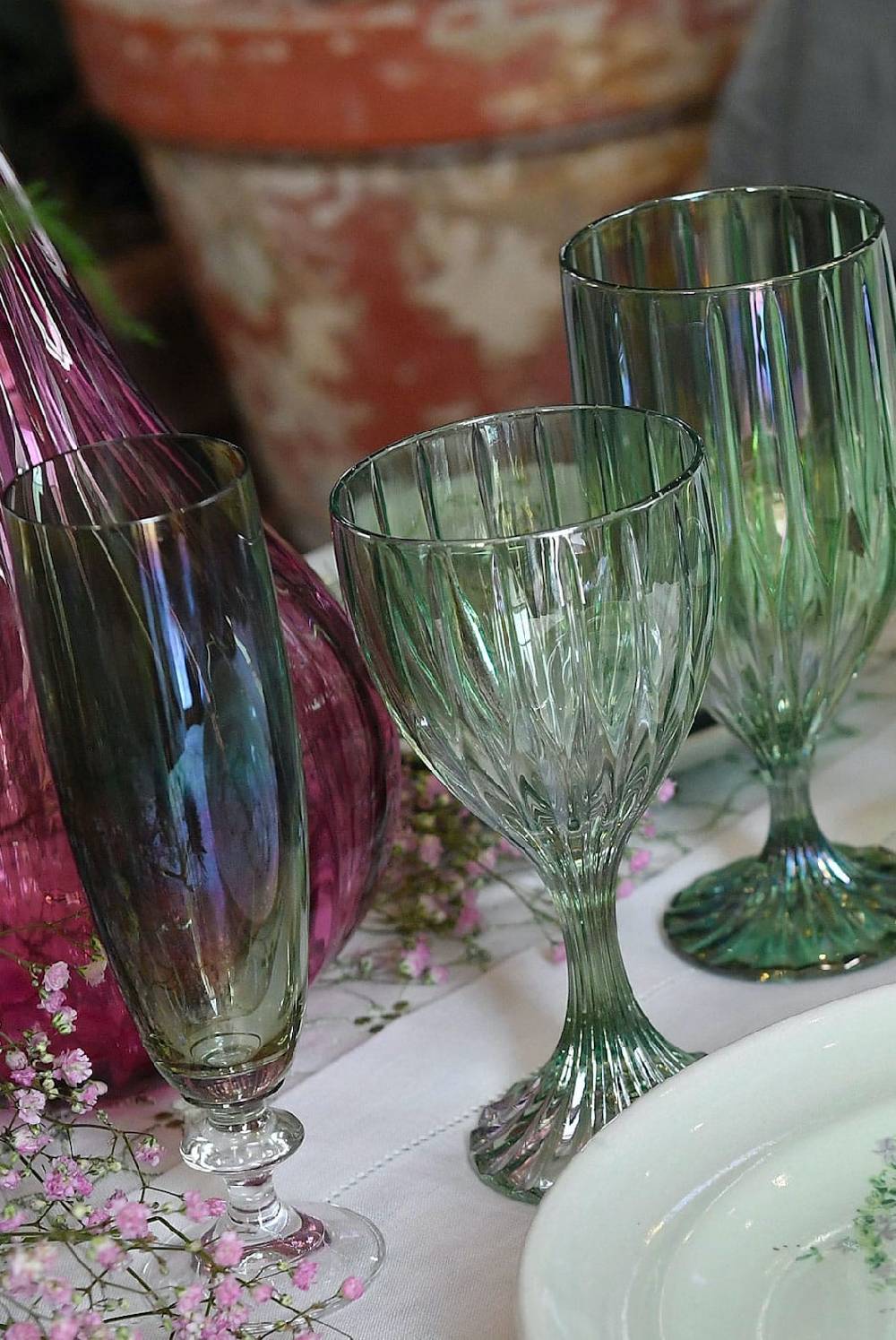 Luisa Beccaria Set Verde Di Due Bicchieri Flauto Roseo