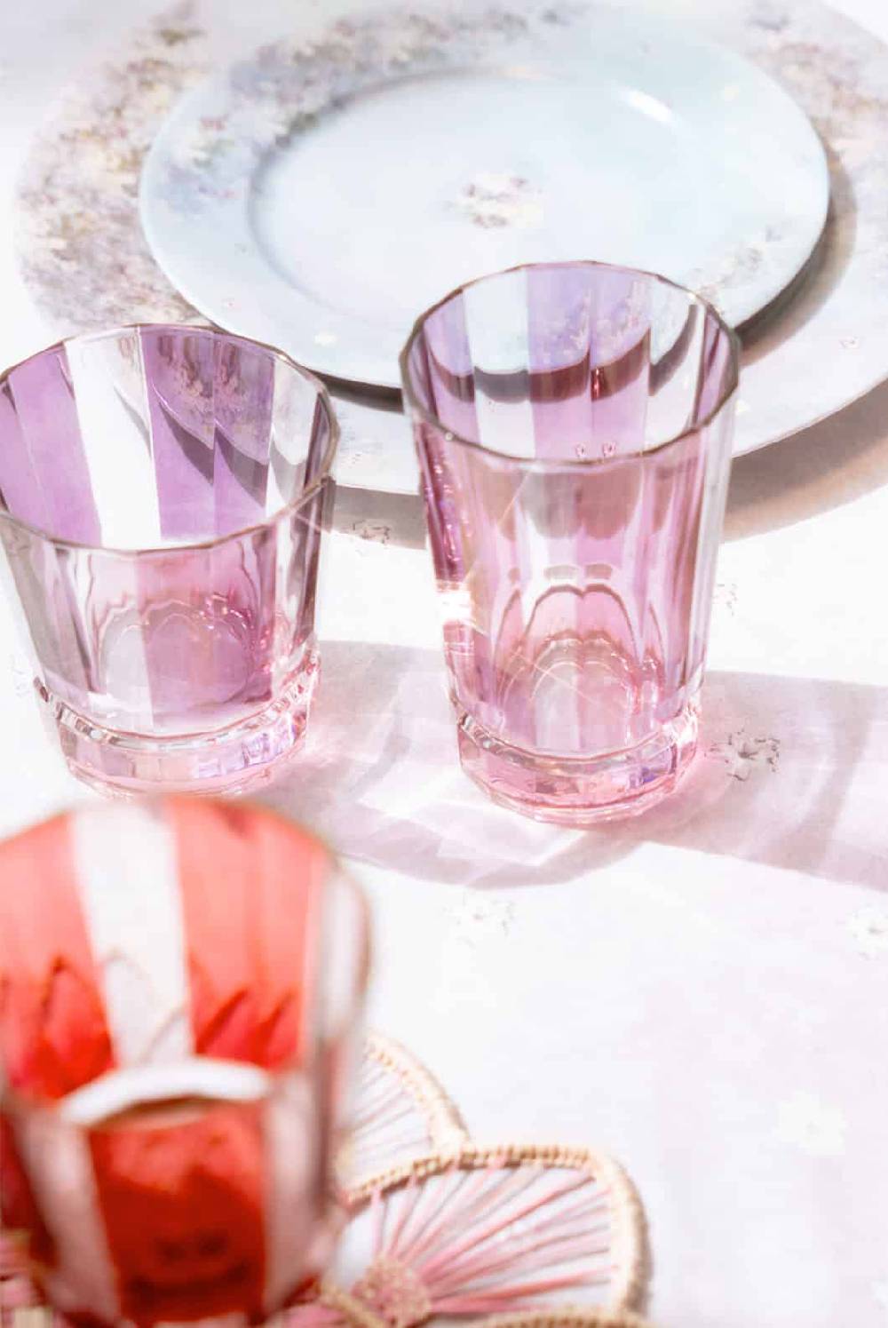 Luisa Beccaria Set Viola A Righe Di Due Bicchieri Duccio Grandi Con Base Rosa