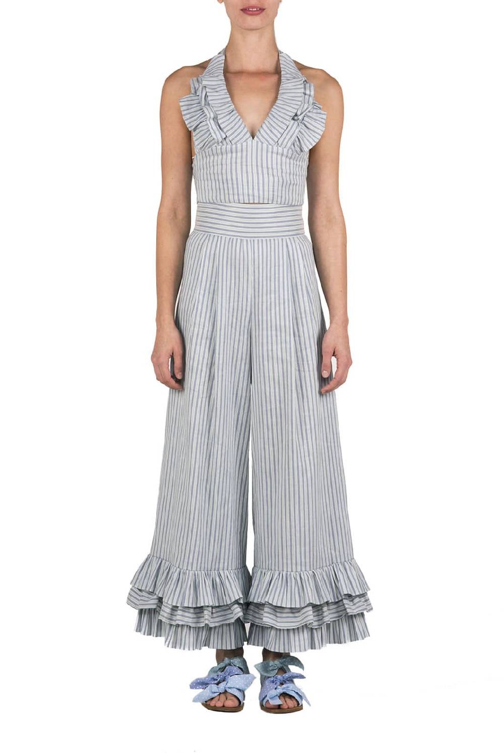 Luisa Beccaria Top All'americana In Misto Lino E Cotone Con Scollo A V