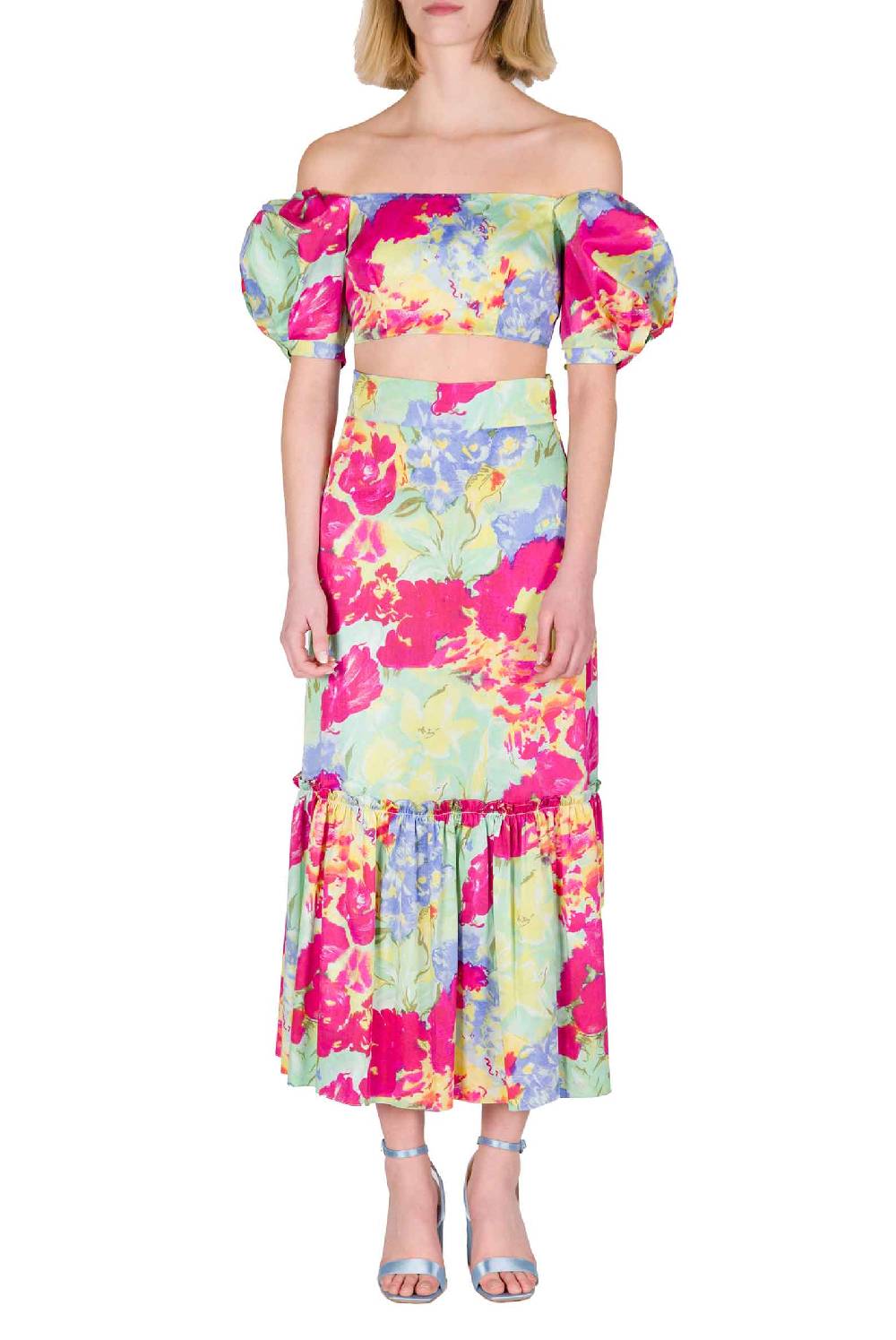 Luisa Beccaria Top In Cotone Stampato Con Spalle Scoperte Con Fiori Astratti