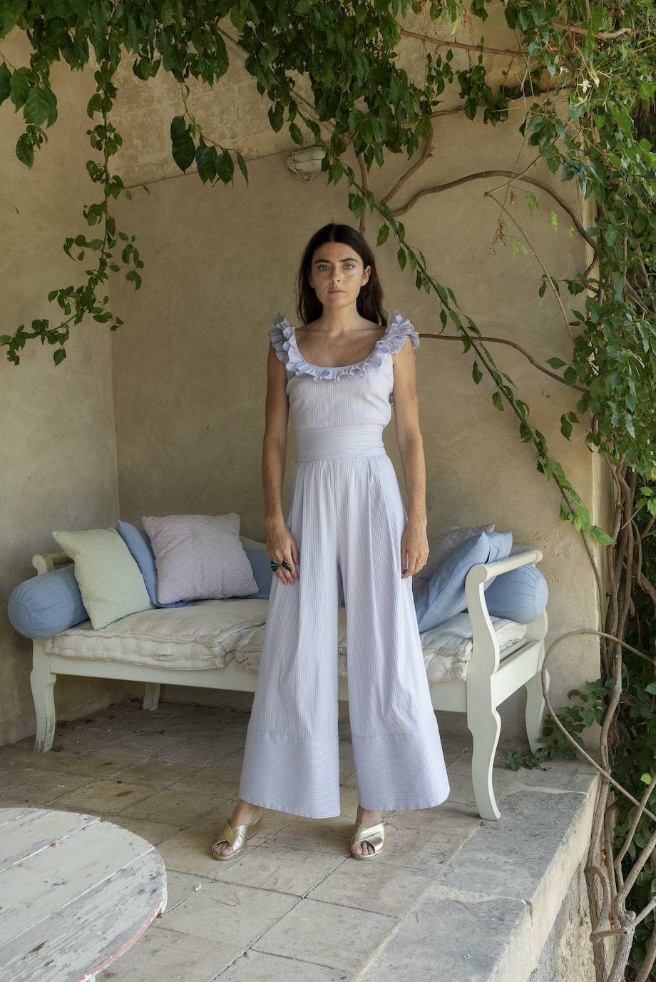 Luisa Beccaria Top In Misto Cotone A Righe Con Volant Lilla / Bianco