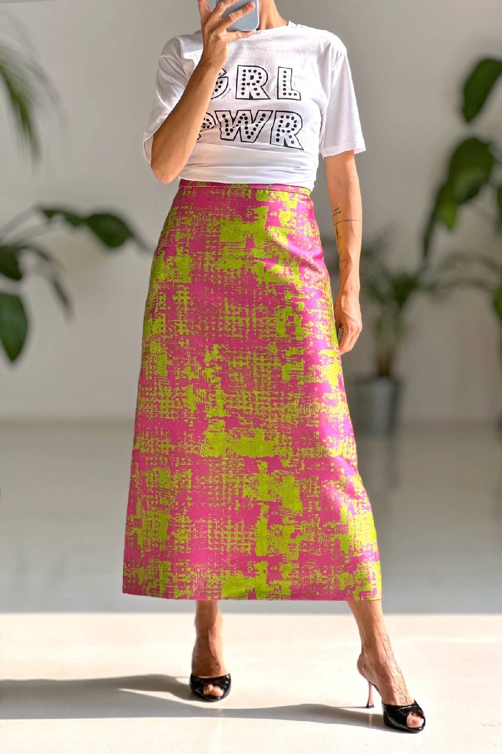 Lunatica Milano Gonna Svasata Abstract Green Fucsia