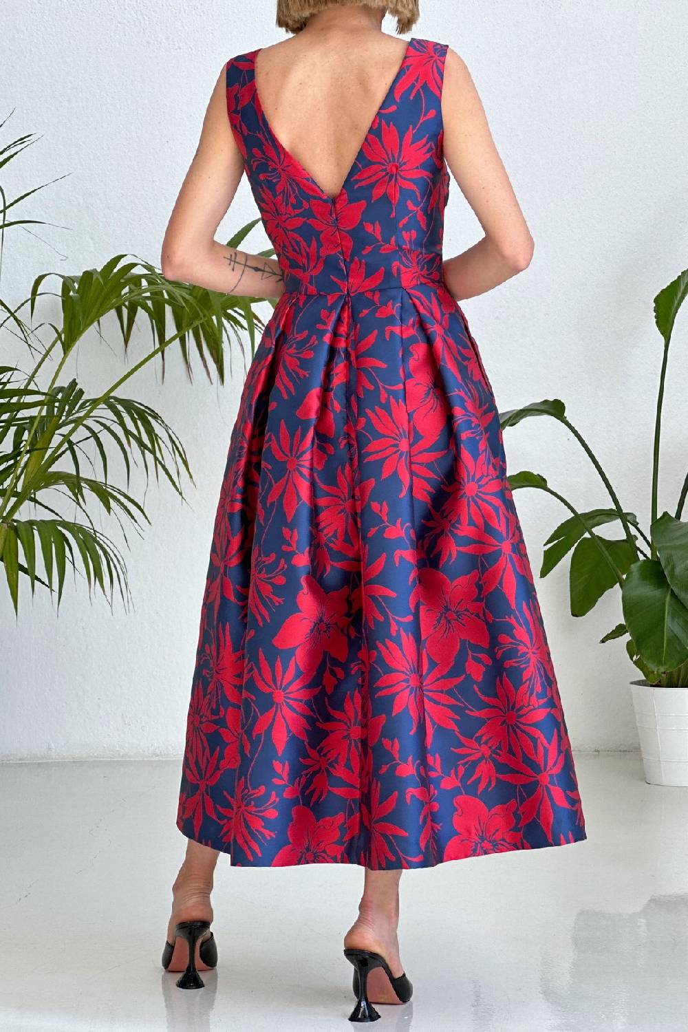 Lunatica Milano Abito Floral Red Blu V Neck Back