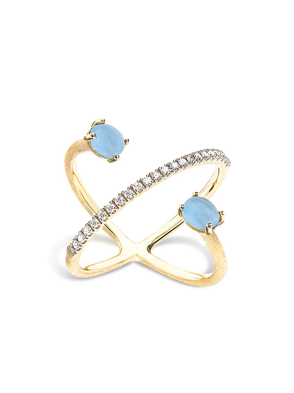 Nanis Anello ad incrocio "DANCING AZURE" in oro, diamanti e acquamarina – Nanis Italian Jewels