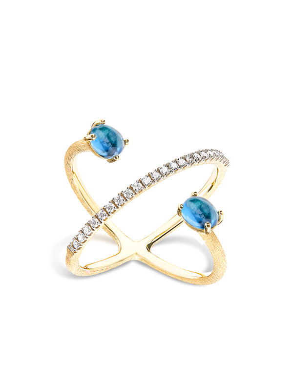 Nanis Anello ad incrocio "DANCING AZURE" in oro, diamanti e topazio London b – Nanis Italian Jewels