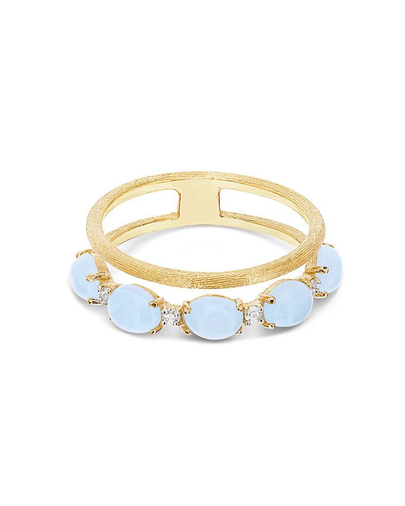 Nanis Anello "DANCING AZURE" A Doppia Fascia In Oro, Diamanti E Acquamarina – Nanis Italian Jewels